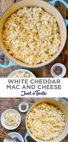 white cheddar mac and cheese in a blue pan