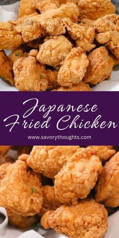 japanese fried chicken on a white plate with purple text overlay that reads, japanese fried chicken