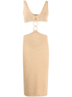 Mert ring-detail dress from CULT GAIA featuring sand beige, cotton blend, V-neck, open back, sleeveless, side slits, mid-length and ring detailing.