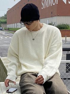 Men's Solid Color Round Neck Long Sleeve Sweater, Autumn Beige   Long Sleeve Knitwear   Slight Stretch Fall Men Clothing, size features are:Bust: ,Length: ,Sleeve Length: Fall Outfits For Men Autumn, Men’s Winter Clothes, Japanese Fall Fashion Men, White Crewneck Outfit Men, Men’s Fall Fashion 2024 Business Casual, Autumn Fits Men, Cozy Men Outfit, Oversized Sweater Outfit Men, Asian Minimalist Fashion