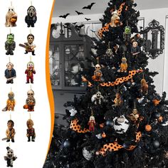 a decorated christmas tree with halloween decorations