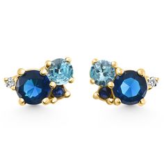 This matching pair of earrings features two round cut diamonds and six round cut gemstones; blue topaz, blue sapphire, and aquamarine. All stones are set in solid 14k gold polished mountings. 14k screw backs secure these earrings. Yellow Gold Cubic Zirconia Multi-stone Earrings, Yellow Gold Multi-stone Earrings In Cubic Zirconia, Fine Jewelry Multi-stone Round Diamond Earrings, Anniversary Blue Topaz Multi-stone Earrings, Anniversary Multi-stone Blue Topaz Earrings, Blue Cluster Earrings Fine Jewelry, Fine Jewelry Blue Cluster Earrings, Elegant Multi-stone Cluster Earrings For Anniversary, Blue Cluster Earrings In Fine Jewelry Style