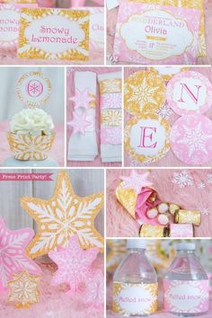 pink and gold snowflake themed birthday party with personalized favors, candy bar wrappers, napkins