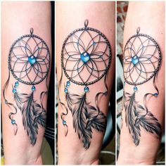 three different views of a woman's arm with tattoos on it, including a dream catcher and beads