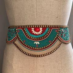 This Beaded Waist Belt Is Brand New With Tags And Never Worn! The Belt Features Impeccable Beating That Is Blue And Red In Color With Gold Accents. The Way You Spell Itself Has Two Adjustable Options. My Waist Fluctuates Between 26 And 28 Inches And This Belt It’s Fine On The Tightest Option. Beaded Leather Belts Native American, Fabric Belt Design, Native Bead Necklace, Mermaid Belt, Beaded Waist Belt, Beaded Belts Patterns, Aesthetic Crafts, Textiles Ideas, Bead Belt