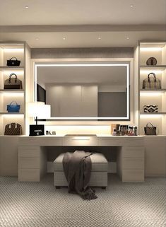 a dressing room with lights on the wall and shelves filled with purses, bags and handbags