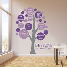 a wall decal with the words lessons from a tree in purple and grey on it