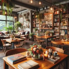 a room filled with lots of wooden tables and chairs next to bookshelves covered in plants