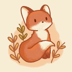 a drawing of a fox sitting on the ground with leaves around it's legs