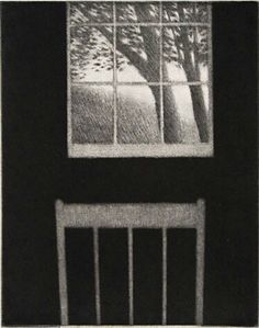 a black and white photo of a chair in front of a window with trees outside