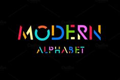 the word modern alphabet in multicolored letters on a black background