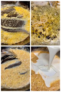 four different pictures of food being cooked in a skillet with milk and other ingredients