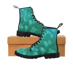 "Looking to add a spring to your step❓ Rejuvenate your sole  and connect with nature in these one of a kind ocean themed bespoke jellyfish design from doggslife.com Enjoy every step, turning heads on the go!  Classic style boots with PU sole and an excellent quality print are made to boost one's self-confidence and to dare onlookers to follow the new trend. .: 30.69 oz. Nylon-canvas .: 6.5 - 11 US sizes .: Rubber sole .: With rear pull-loop .: Please use the metric system for a more precise size guide  These take a bit longer to produce and are worth the wait Up to 1 month to arrive after ordering  First time I put them on, I was told they are \"awesome\"" Moon Jelly, Statement Boots, Jellyfish Design, Unique Boots, Connect With Nature, Canvas Boots, Combat Boot, Star Shoes, Stylish Boots