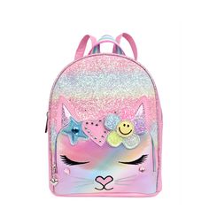 Front view of a glitter mini backpack with a kitty face & a glitter flower and heart crown appliqué School Backpack With Glitter, School Glitter Backpack, Trendy Pink Glitter Bags, School Backpack With Glitter Details, Trendy Pink Backpack With Cat Design, Daisy Crown, Glitter Ombre, Mini Backpack, 3 D