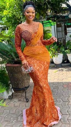 Burnt Orange Lace Dress, Lace Asoebi Styles, Nigerian Wedding Dress, Orange Lace Dress, African Prom Dresses