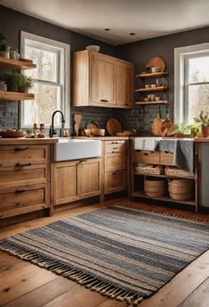 a kitchen filled with lots of wooden furniture and decor on top of a hard wood floor