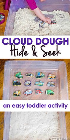 an easy toddler activity to make cloud dough hide and seek