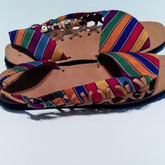 Colorful, Vibrant Handmade Mexican Sandals. Purchased In Mexico On Vacation, Never Worn, Only Tried On. Sz.42 (10) U.S. Multicolor Summer Sandals With Woven Sole, Artisan Sandals For Summer Festivals, Bohemian Multicolor Flat Sandals, Rainbow Open Toe Sandals For Summer, Artisan Multicolor Huarache Sandals For Summer, Bohemian Multicolor Leather Sandals, Adjustable Multicolor Huarache Sandals For Summer, Casual Multicolor Sandals For Festival, Casual Multicolor Festival Sandals