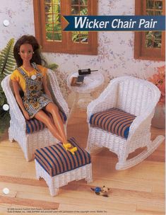 a barbie doll sitting in a wicker chair with foot stool and footstool