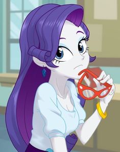 a cartoon girl with purple hair holding a pair of red scissors in her right hand