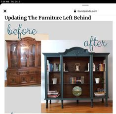 the before and after of an old bookcase makeover with furniture refreshments