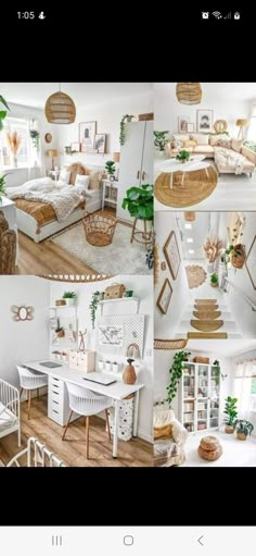 the collage shows different rooms with white furniture and plants in baskets hanging from the ceiling