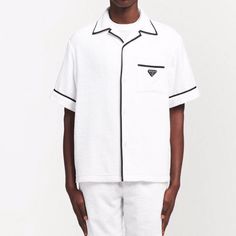 White Prada Terry Shirt In Size Medium. It Fit Me Too Big And Prada Doesn’t Allow Returns After 14 Days. Luxury White Cotton Shirt, Designer White Collared Shirt, Designer White Collared Top, Luxury White Summer Shirt, Prada Mens, Prada Shirt, Yellow Shirt Dress, Collar Shirt Men, Logo Placement