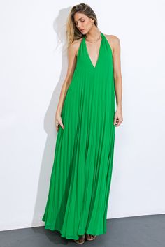 A solid woven maxi dress featuring V halter neckline, fully pleated, bare back with back neck tie Self: 100% Polyester Lining: 100% Polyester Dressy Shirts, Flying Tomato, Belt Purse, Pleated Maxi Dress, Pleated Maxi, Halter Neckline, Event Dresses, Scarf Styles, Back Neck