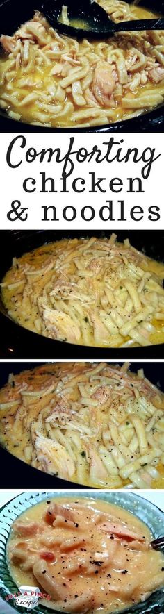 the process of cooking chicken and noodles in a skillet with text overlay that reads,