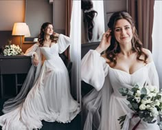 a woman in a white wedding dress sitting on a bed next to a flower bouquet