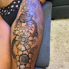 a woman's thigh with tattoos on it