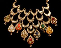 Navaratna Haram, Navratan Necklace, Gold Bridal Necklace, Bridal Jewelry Vintage, Bridal Necklace Set, Colour Stone, Antique Jewelry Indian