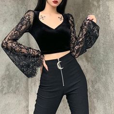 Witchy Gothic See Through Crop Top Velvet Lace Top, Top In Pizzo, Estilo Harajuku, Gothic Tops, Womens Lace Tops, Lace Sleeve Top, Velvet Crop Top, Long Sleeve Tops Casual, Top Streetwear