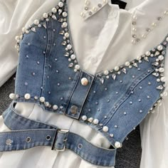 Zjkrl 2023 New High-End White Shirt Dress Female Lapel Diamond Pearl L – zjkrl White Summer Shirt, Luxury Shirt, Moda Denim, Denim And Diamonds, Short Denim, فستان سهرة, Vest Fashion, Mode Inspo, White Shirt Dress