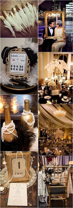 a collage of photos with gold and black decor