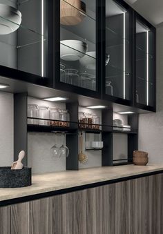 a kitchen with black cabinets and white counter tops is seen in this image, it appears to be an artist's rendering