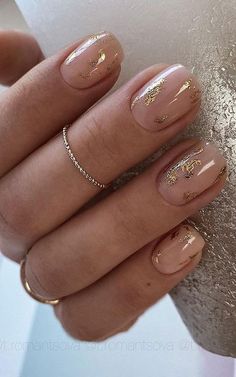 These Will Be the Most Popular Nail Art Designs of 2021 : Nude pink glossy with gold foil Summer Nail Colours, Nail Nude, Foil Nail Designs, Almond Shaped Nails, Shaped Nails, Pretty Nail Art Designs, Nail Colours