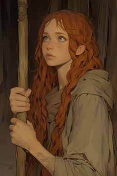 a woman with long red hair holding a stick