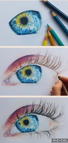 two pictures of the same eye with colored pencils on it and one showing how to draw