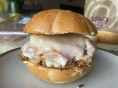 a close up of a sandwich on a plate with meat and cheese in the middle