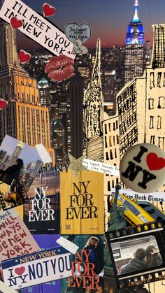 a collage of photos and magnets with the words new york on them in different languages