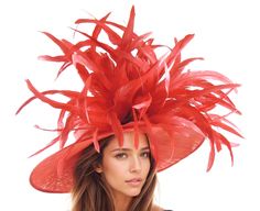 Red Feather Wide Brim Statement Hat for Kentucky Derby Oaks Ascot Church Tea Party Wedding Horse Racing Carriage Woman Occasion Hat Red Marit Wide Brimmed Feather Derby Hat Wide brim red sinamay hat trimmed with a very large spray of beautiful red coque feathers Brim measures 47 cm side to side with a crown height of 11cm Inside circumference is 58cm.    The red Marit Feather Hat is the perfect hat for your next formal occasion, whether it's the Kentucky Derby, Royal Ascot, Tea Party, Garden Par Church Tea Party, Wedding Horse, Sinamay Hat, Statement Hat, Horse Wedding, Occasion Hats, Sinamay Hats, Large Feathers, Tea Party Wedding