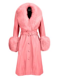 Color: Rose Pink Faux Fur Collar Material: Sheepskin Fully Lined Belt Included Lining: Polyester Single Breasted Sample Size: S Delicate dry clean Protect accessory before washing Made-to-order (MTO) style Please allow additional 3-5 days for MTO order to be processed Style № ZC_NYC23_Foxy Leather Coat w/ Fox Fur In Rose Pink Styled with Z' Diamante Detail Over The Knee Boot Pink Fur Jacket, Pink Plus Size, Plus Size Coat, Satin Blazer, Pink Fur, Pink Faux Fur, Plus Size Coats, Wool Blend Jacket, Feather Dress