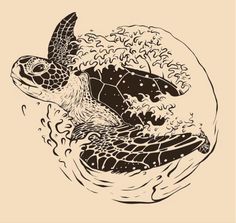 a black and white drawing of a sea turtle swimming in the ocean with waves around it