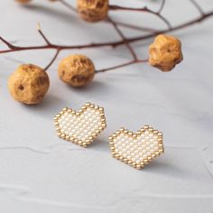 two heart shaped studs sitting next to each other on a white surface with dried berries in the background