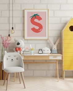 there is a white cat sitting on a chair in front of a desk with a yellow birdhouse