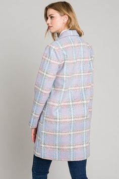 Allie Rose Super cute coat with lovely pastel colors. Plaid, has pockets. Fall Winter - choose Allie Rose brand coats. This coat boasts a stylish combination of periwinkle blue and pink that is perfect for chilly autumn and winter days. Featuring a classic plaid pattern and convenient pockets, Allie Rose coats are a timeless wardrobe choice. Pretty color coordinated lining. Color: Blue Pink White, Light Blue lined Sizes S-M-L Bust 42-44-46, Length 35 100% Polyester, Dry Clean, imported J2-1/AK70 Rose Brand, Cute Coats, Plaid Coat, Cute Blouses, Periwinkle Blue, Plaid Jacket, Jeans Size Chart, Small Dress, Pink Plaid