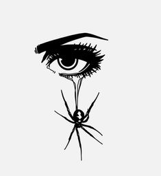 a black and white drawing of an eye with a spider on it's side