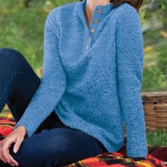 This Light, Lofty And (Yes) Cuddle-Worthy Boucl Knit Is The Pullover You'll Pull On Again And Again. A Henley-Style Button Placket And Richly Marled Yarns Add Interest To The Soft And Plush Mix Of Textured Poly And Acrylic. A Free And Easy Tunic Length Ups The Cozy Another Notch. - Henley Style With Button Placket - Ribbed Trim - Tunic Length - Relaxed, Cling-Free Fit - Marled Yarns - 25" Long Petite - Poly, Acrylic Boucl Knit - Machine Wash And Lay Flat To Dry - Imported Comfortable Soft Knit Winter Tops, Comfortable Soft Knit Tops For Winter, Cozy Blue Sweater For Fall, Blue Cozy Warm Sweater, Warm Blue Sweater For Fall, Casual Snug Sweater With Soft Texture, Snug Casual Top With Soft Texture, Casual Snug Top With Soft Texture, Warm Casual Tops With Cozy Fit