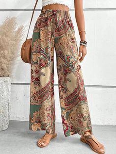 Digital Print High Waist Wide Leg Pants Ethnic Style Women's Clothing Elastic Bands Boho Pants Loose Casual Pants Beach Pants Boho Styl, Casual Chique, Printed Wide Leg Pants, Boho Pants, Ethnic Print, Pantalon Large, Loose Pants, Lace Ruffle, Type Of Pants